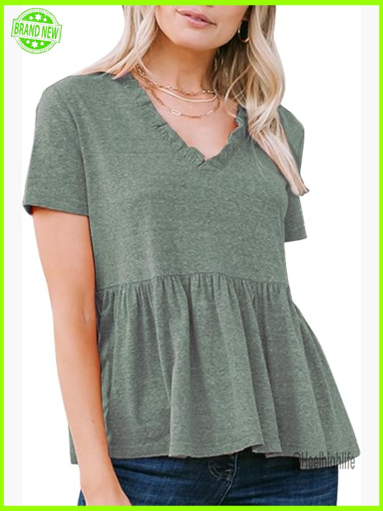 Crop Babydoll Peplum Top V Neck Short Sleeve Business Casual Trendy T Shirt